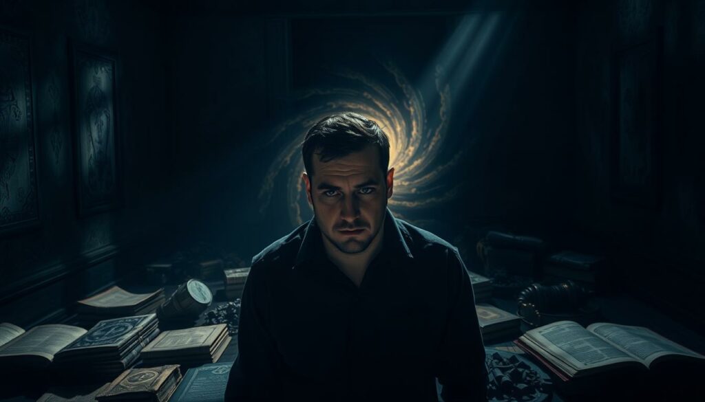 A dimly lit room, shadows cast across the walls, a sense of foreboding and doom. At the center, a figure - Chad Daybell, his face intense, eyes filled with a twisted conviction. Surrounding him, scattered tomes and ancient texts, symbols of a doomsday cult's beliefs. In the background, a swirling vortex of energy, a metaphysical portal to another realm. The lighting is moody, with shafts of light cutting through the gloom, adding to the ominous atmosphere. The composition is balanced, with Daybell as the focal point, the doomsday elements building a narrative around him. This image captures the essence of the Lori Vallow Daybell case, the dark beliefs that fueled her actions.
