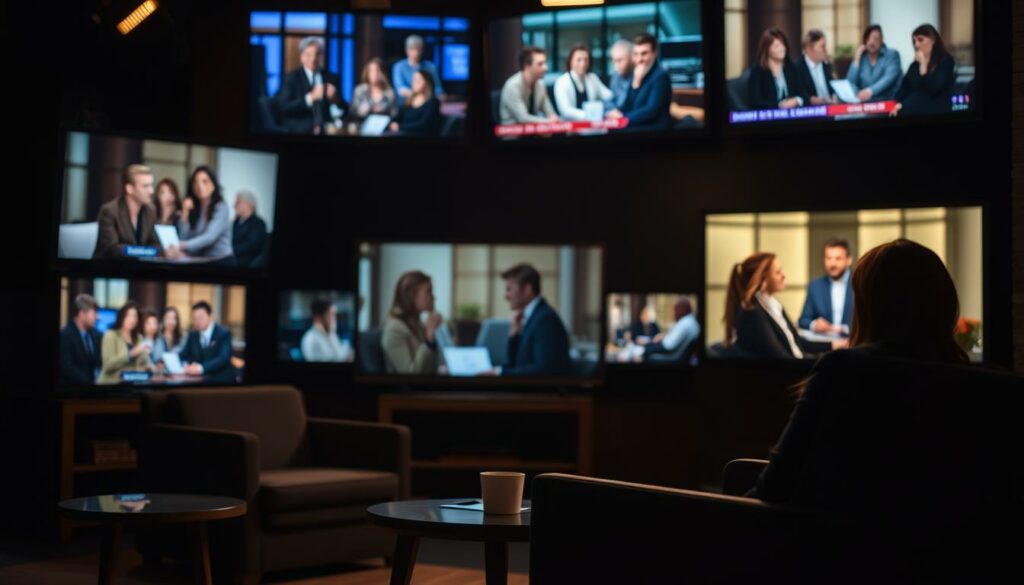 A dimly lit studio set, with a cozy talk show atmosphere. In the foreground, a comfortable armchair and a side table, creating an intimate conversation space. In the middle ground, a backdrop of sleek, modern TV screens, showcasing various reality TV scenes. The lighting is soft and warm, creating a sense of familiarity and introspection. In the background, a subtle montage of candid moments and dramatic highlights from different reality TV shows, hinting at the evolution of Arabella Kiesbauer's media presence. The overall composition conveys the transition from the thoughtful discourse of talk shows to the captivating narratives of reality television.