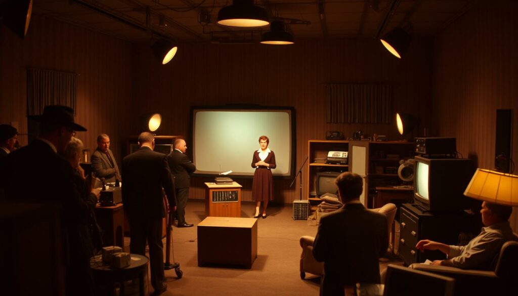 A dimly lit television studio in the 1950s, with a live production in progress. A small crew bustles around a simple set, focused on their tasks. The set features a few basic props and a single on-air talent, dressed in period-appropriate attire, delivering their lines with poise. Warm, soft lighting illuminates the scene, creating a cozy, intimate atmosphere. The camera angles are tight, emphasizing the actors' faces and the intensity of the performance. A sense of energy and immediacy pervades the environment, as the live broadcast unfolds in real-time. The overall mood is one of a small-scale, resourceful production, reflecting the limited budget and technical constraints of the era.
