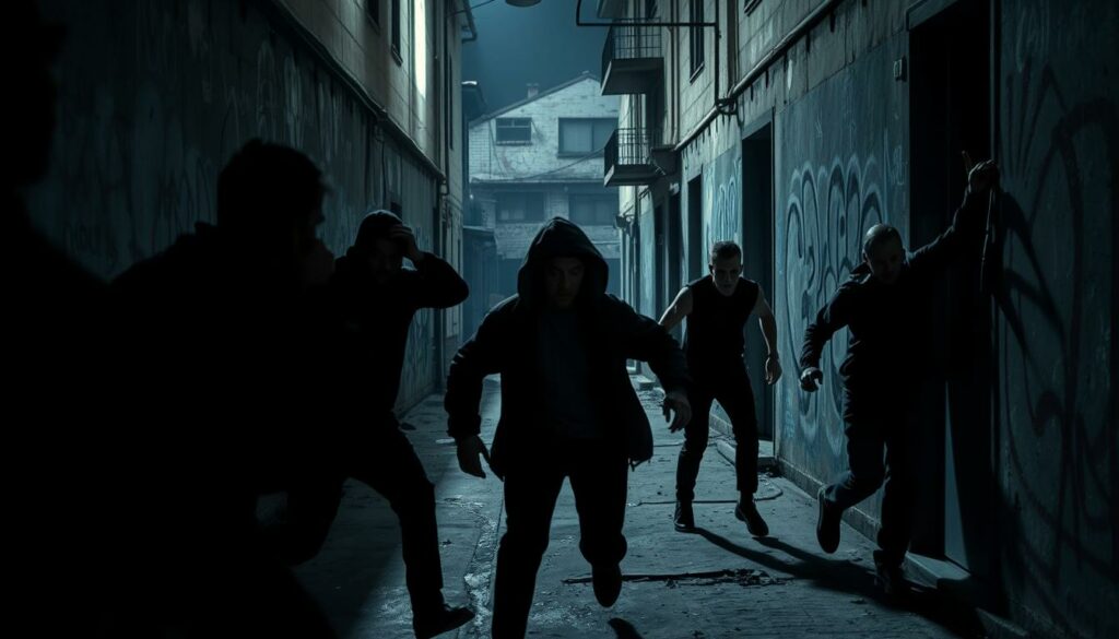 A dimly lit urban alleyway, the foreground filled with shadowy figures engaged in various acts of assault - a mugging, a physical altercation, a person being shoved against a wall. In the middle ground, a lone person flees in terror, their expression one of panic. The background is a maze of graffiti-covered walls and abandoned buildings, creating a sense of urban decay and lawlessness. The lighting is harsh, with pools of light and deep shadows, heightening the sense of danger and unease. The overall atmosphere is one of tension, violence, and the unsettling nature of street crime.
