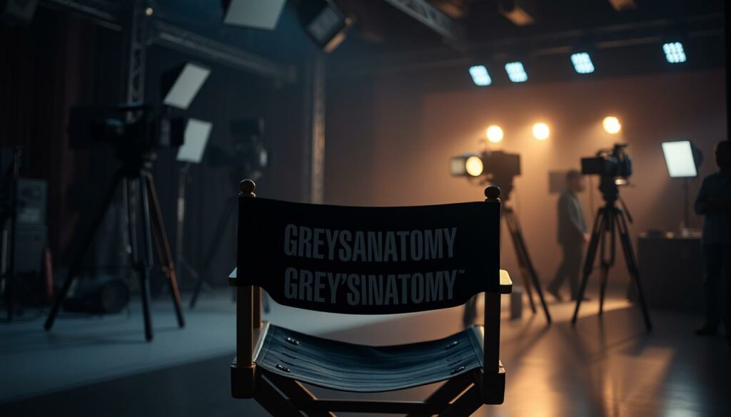 A director's chair on a dimly lit television studio set, with a camera crew and lighting equipment in the background. The chair is adorned with the "Grey's Anatomy" logo, indicating this is the director's chair for the show's directing team. The lighting is soft and moody, creating a pensive, introspective atmosphere. The camera angles and composition suggest a behind-the-scenes look at the directing process, capturing the creative energy and focus of the director at work.