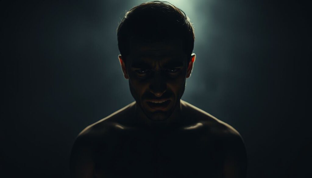 A distraught Nikola Glumac stands in a dimly lit room, his face contorted with raw emotion. Dramatic chiaroscuro lighting casts dramatic shadows, intensifying the gravity of the moment. The middle ground is hazy, drawing the viewer's focus to Nikola's pained expression, eyes glistening with unshed tears. In the background, a sparse, monochromatic set evokes a sense of isolation and inner turmoil. The camera angle is slightly low, making Nikola's figure appear imposing and heightening the sense of emotional weight. The overall atmosphere is somber, melancholic, and deeply introspective, capturing the essence of Nikola's emotional reaction to the separation.