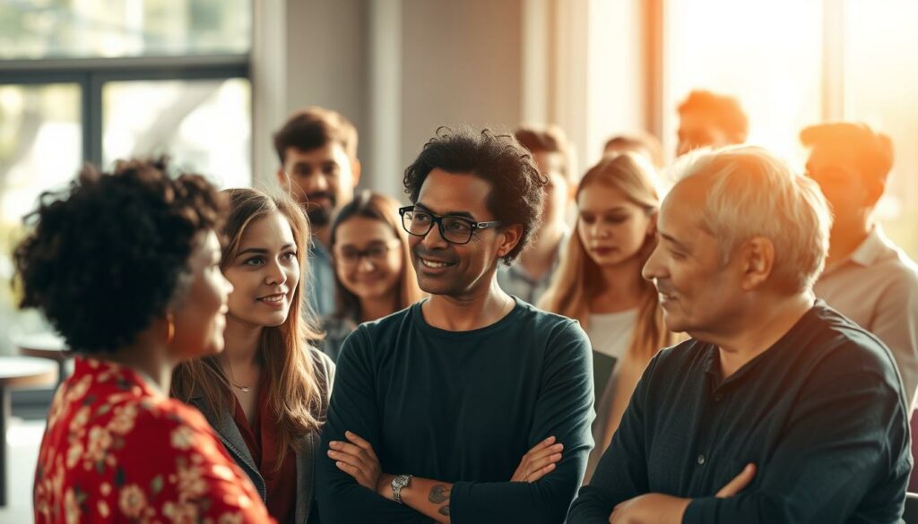 A diverse group of people from different cultural backgrounds engaged in constructive dialogue, their body language and facial expressions conveying openness, understanding, and a shared desire to find common ground. The scene is bathed in warm, natural lighting, creating an atmosphere of thoughtful contemplation. The foreground features the central figures, their gazes meeting as they exchange ideas. In the middle ground, supporting characters listen intently, their postures reflecting active engagement. The background blurs softly, drawing the viewer's focus to the core of the interaction - the process of intercultural conflict resolution.