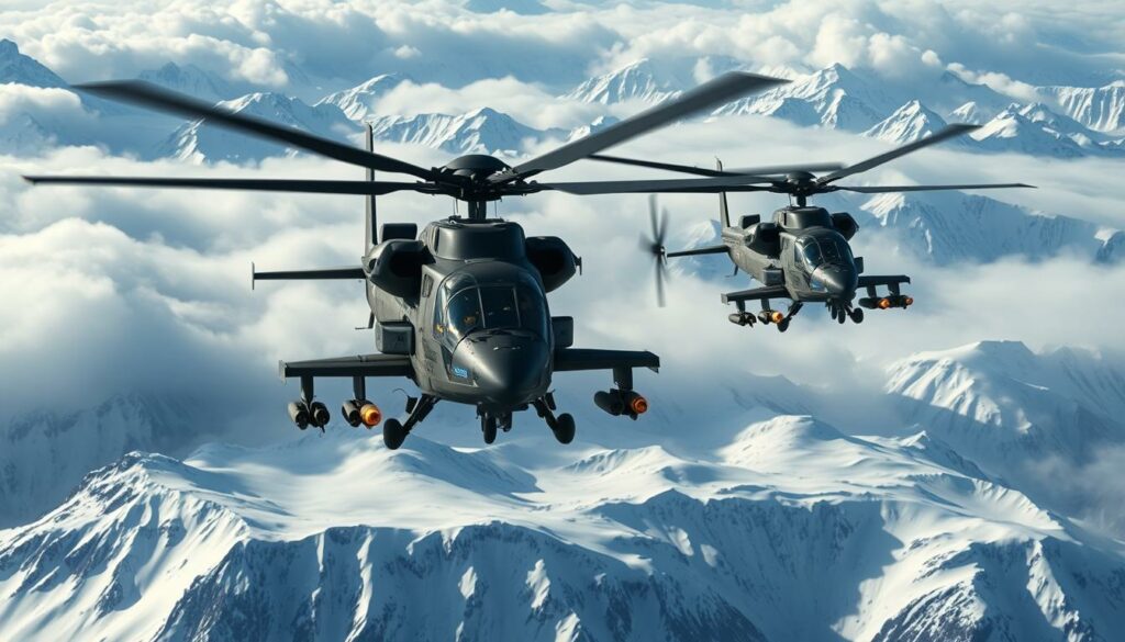 A dramatic aerial battle rages over a rugged, snow-capped landscape. In the foreground, two sleek, powerful military helicopters engage in a fierce dogfight, their rotor blades slicing through the air as they maneuver and fire missiles. The pilots' faces are determined, their actions precise and calculated. In the middle ground, the helicopters cast dramatic shadows on the pristine, icy terrain below. The background is a sweeping panorama of towering mountains, their peaks obscured by swirling clouds. The scene is bathed in a cool, crisp light, creating a sense of tension and high-stakes action. The overall mood is one of intense, thrilling combat, captured with cinematic flair.