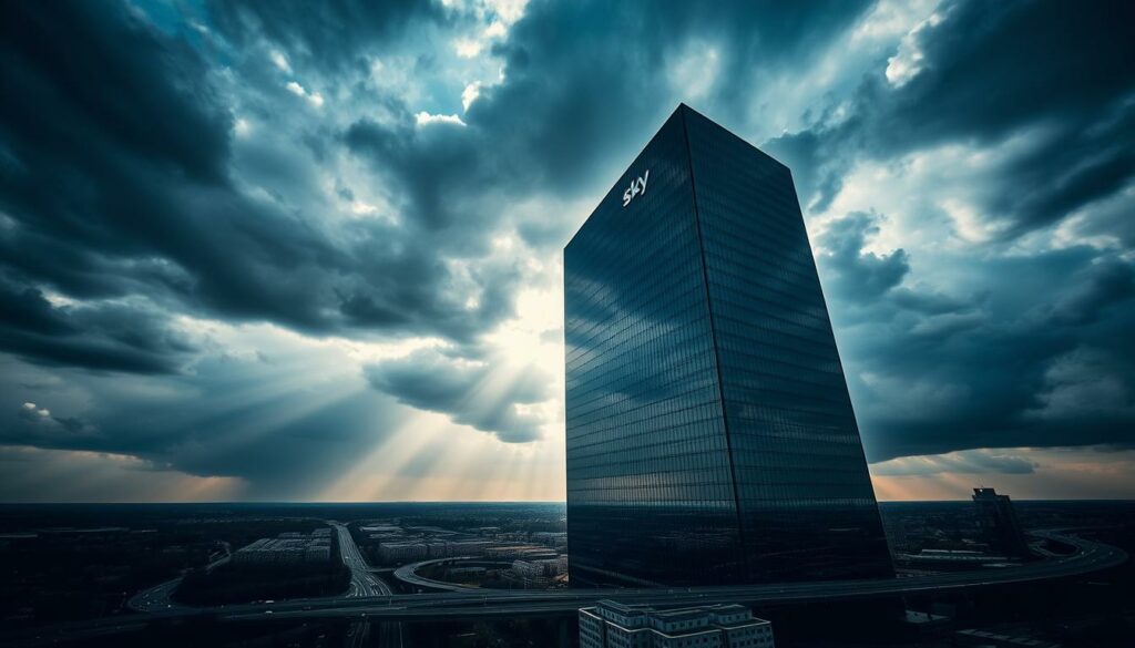 A dramatic aerial view of the Sky Deutschland headquarters, set against the backdrop of a vast, storm-brewing sky. The modern, angular building stands tall, its sleek glass facade reflecting the turbulent clouds above. Rays of sunlight pierce through the gloom, illuminating the structure's sharp edges and casting dramatic shadows across the scene. In the foreground, a network of roads and infrastructure weaves through the urban landscape, hinting at the strategic connections and ambitious plans of the company. The overall composition conveys a sense of power, innovation, and the impending change that is about to unfold in the German media landscape.