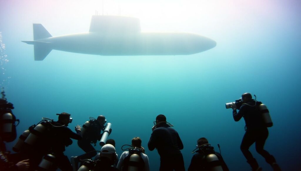 A dramatic behind-the-scenes set of the underwater filming for the James Bond movie "Thunderball". In the foreground, a team of divers and crew members meticulously coordinate their movements, their scuba gear and underwater cameras reflecting the shimmering light. In the middle ground, the sleek silhouette of a submarine emerges from the murky depths, its smooth lines hinting at the technological marvels that powered the innovative underwater sequences. The background is a vast expanse of blue-green ocean, with rays of sunlight piercing through the water, creating a sense of depth and scale. The atmosphere is one of tense focus and technical mastery, as the filmmakers push the boundaries of what was possible in underwater cinematography at the time.