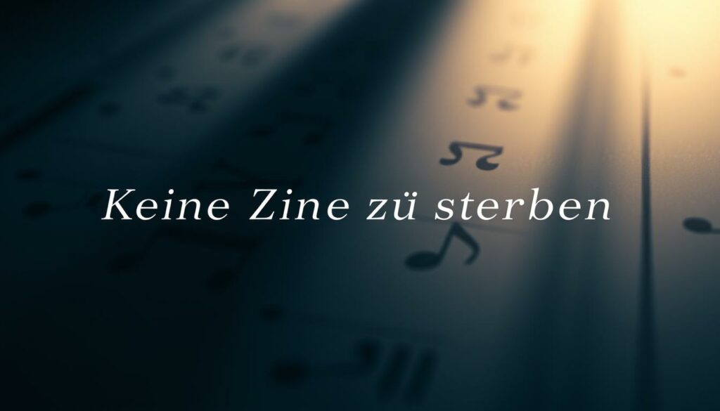 A dramatic close-up of the iconic "Keine Zeit zu sterben" film score, with the title meticulously rendered in a sleek, modern font against a moody, atmospheric backdrop. The score's notes cascade elegantly, evoking the cinematic grandeur and emotional depth of the latest James Bond installment. Soft, dramatic lighting bathes the composition, creating a sense of anticipation and cinematic flair. The image exudes a sophisticated, high-production aesthetic, perfectly capturing the essence of the film's musical contribution.