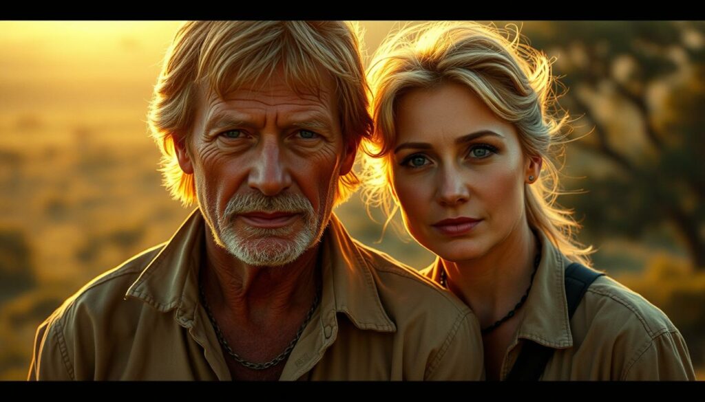 A dramatic close-up of the lead actors from the classic Australian adventure film "Crocodile Dundee". In the foreground, Paul Hogan and Linda Kozlowski stand shoulder-to-shoulder, their weathered faces lit by a warm, golden glow. Behind them, the lush, verdant Australian outback stretches out, hazy and dreamlike. The image is imbued with a sense of nostalgia and the timeless appeal of the beloved movie. The lighting is soft and cinematic, creating a sense of depth and atmosphere. The composition is balanced, drawing the viewer's eye to the central figures. Overall, the image captures the spirit and essence of the iconic "Crocodile Dundee" stars.