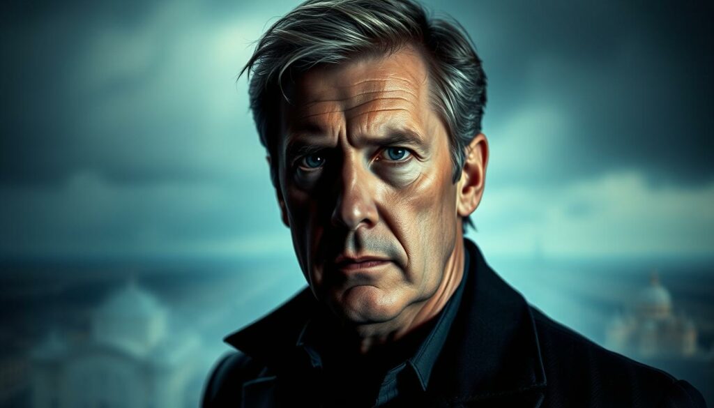 A dramatic portrait of Oliver Pocher, the German television personality, set against a moody, cinematic backdrop. In the foreground, Pocher's intense gaze and contemplative expression command attention, captured with chiaroscuro lighting that casts dramatic shadows across his face. The middle ground features a blurred, hazy environment, hinting at the complex personal and professional issues he faces. In the background, a softly rendered cityscape or landscape sets the stage, conveying a sense of unease and the wider societal impact of the ongoing "drama" surrounding Pocher. The overall atmosphere is one of tension, introspection, and the weight of public scrutiny.