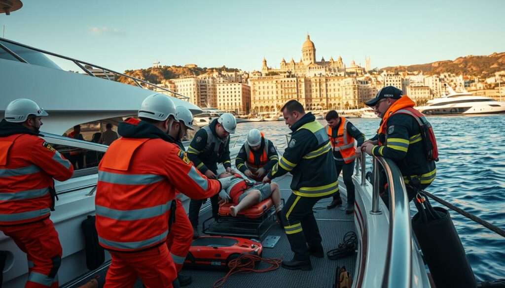 A dramatic rescue operation unfolds in the bustling harbor of Palma, Mallorca. In the foreground, a team of emergency responders in high-visibility uniforms swiftly attend to an individual on a sleek luxury yacht, their faces etched with focused determination. The middle ground reveals the coordinated efforts of the yacht's crew, assisting the rescue efforts with a sense of urgency. In the background, the picturesque harbor setting serves as a backdrop, with the iconic architecture of Palma's historic waterfront visible in the distance, bathed in warm, golden sunlight. The scene conveys a palpable sense of urgency and professionalism as the team works to provide life-saving care, captured with a cinematic wide-angle lens. Prompt