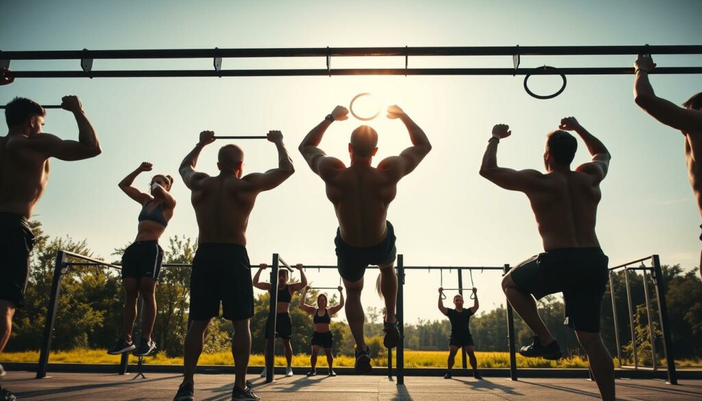 A dynamic, energetic scene of athletes performing calisthenics exercises in a well-equipped outdoor training area. The foreground depicts muscular individuals executing pull-ups, push-ups, and squats with perfect form, their bodies silhouetted against a bright, sun-dappled backdrop. The middle ground showcases parallel bars, rings, and other calisthenics equipment, while the background features a serene, natural setting with lush greenery and a clear, blue sky. The lighting is warm and directional, creating dramatic shadows and highlights that accentuate the participants' muscular physiques and fluid movements. The overall mood is one of strength, discipline, and a sense of communal fitness.