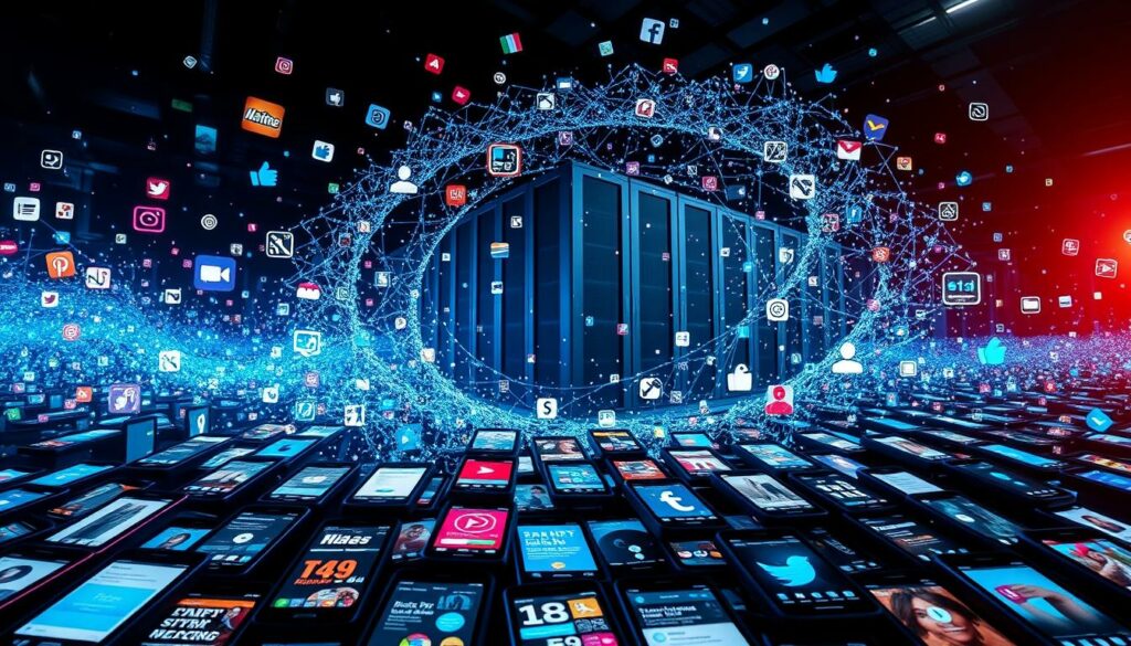 A dynamic social media campaign unfolding across a vibrant digital landscape. In the foreground, a grid of smartphone screens showcases a diverse array of engaging content, from eye-catching visuals to thought-provoking captions. The middle ground features a swirling vortex of hashtags, likes, and shares, capturing the viral nature of online interactions. In the background, a towering data center casts an imposing presence, symbolizing the immense power and influence of digital platforms. The lighting is dramatic, with deep shadows and vivid highlights, creating a sense of intensity and urgency. The overall mood is one of energy, interconnectedness, and the profound impact of social media in shaping modern discourse.