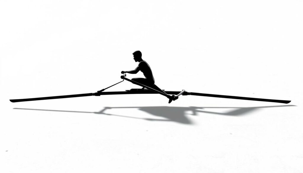 A dynamic, technical illustration of the four phases of rowing motion - catch, drive, release, and recovery - showcased in a clean, modern style. The rower's silhouette is captured mid-stroke against a subtly textured, neutral background, highlighting the distinct muscle activations throughout the rowing cycle. Soft, directional lighting creates dimensional shadows that accentuate the rower's form and the fluid, cyclical nature of the movement. The composition is balanced and symmetrical, encouraging the viewer to focus on the precise biomechanics of each rowing phase. An informative, visually striking depiction to accompany the "Phasen des Ruderns" section of the training plan article.