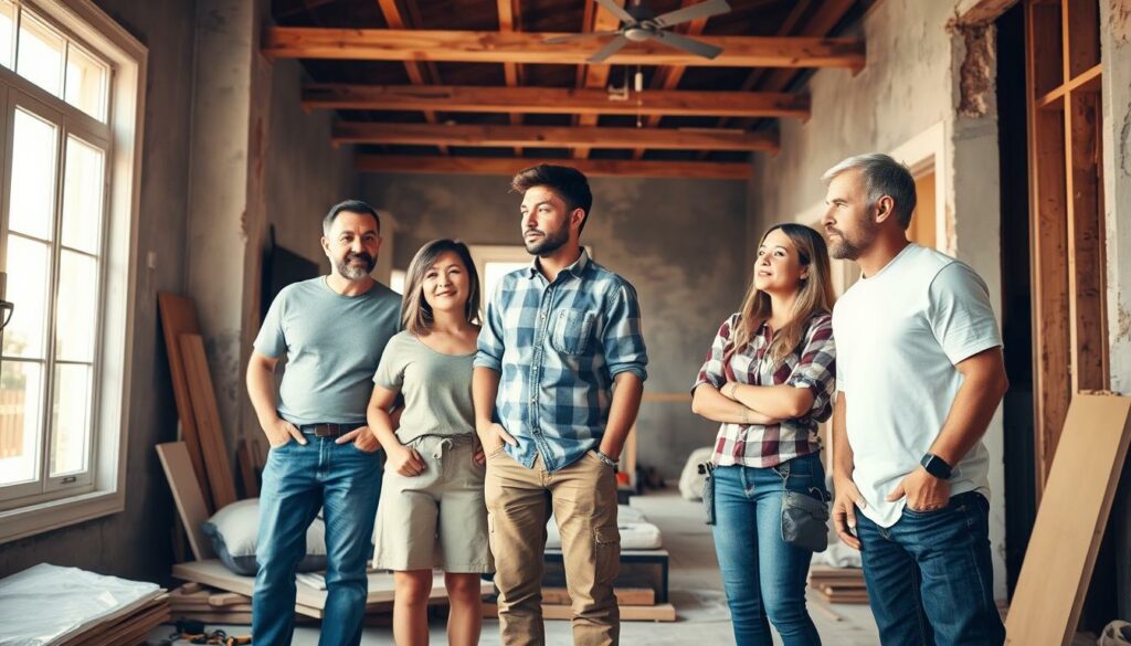 A family of home renovation professionals, dressed in casual attire, standing in a partially renovated living room. The scene is bathed in warm, natural lighting filtering through large windows, casting soft shadows and highlights across their faces. The room features partially exposed walls, construction materials, and tools, conveying an active work-in-progress. The family members appear engaged in discussion, their expressions reflecting a mix of focused determination and familial camaraderie. The overall atmosphere suggests a sense of hard work, progress, and the pride of transforming a space. The image should capture the essence of a real-life home renovation project undertaken by a dedicated family team.