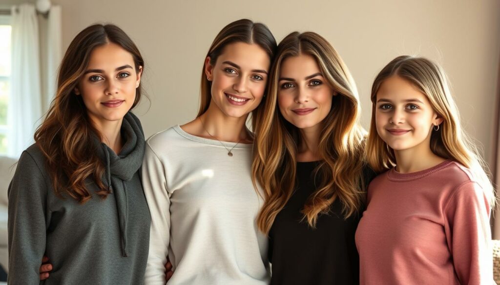 A family portrait of Leni Klum and her siblings, captured in a warm, intimate setting. The siblings stand together, their features distinct yet blending harmoniously. Leni, the eldest, stands in the center, her expression serene and confident. Her younger siblings flank her, their postures relaxed, conveying a sense of familial bond. Soft, natural lighting bathes the scene, casting a gentle glow on their faces. The background is slightly blurred, keeping the focus on the family group. The overall atmosphere is one of affection and unity, reflecting the strong sibling relationship at the heart of this image.