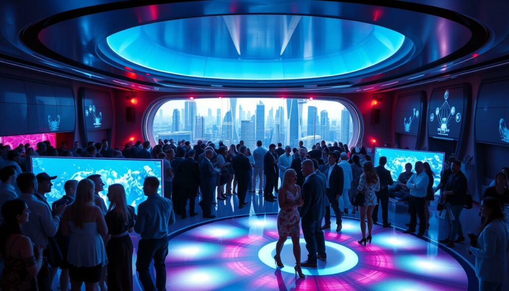 A futuristic, high-tech event space with sleek, minimalist design elements. In the foreground, a crowd of stylishly dressed guests interacting and mingling, their faces partially obscured by holographic projection screens. The middle ground features a large, circular stage or dance floor, with pulsing, colorful lights emanating from the floor. In the background, a panoramic window reveals a futuristic cityscape, with towering skyscrapers and hovering transport vehicles. The lighting is a mix of cool, blue-toned ambient lighting and warm, directional spotlights illuminating the event space. An overall sense of sophistication, innovation, and excitement permeates the scene.