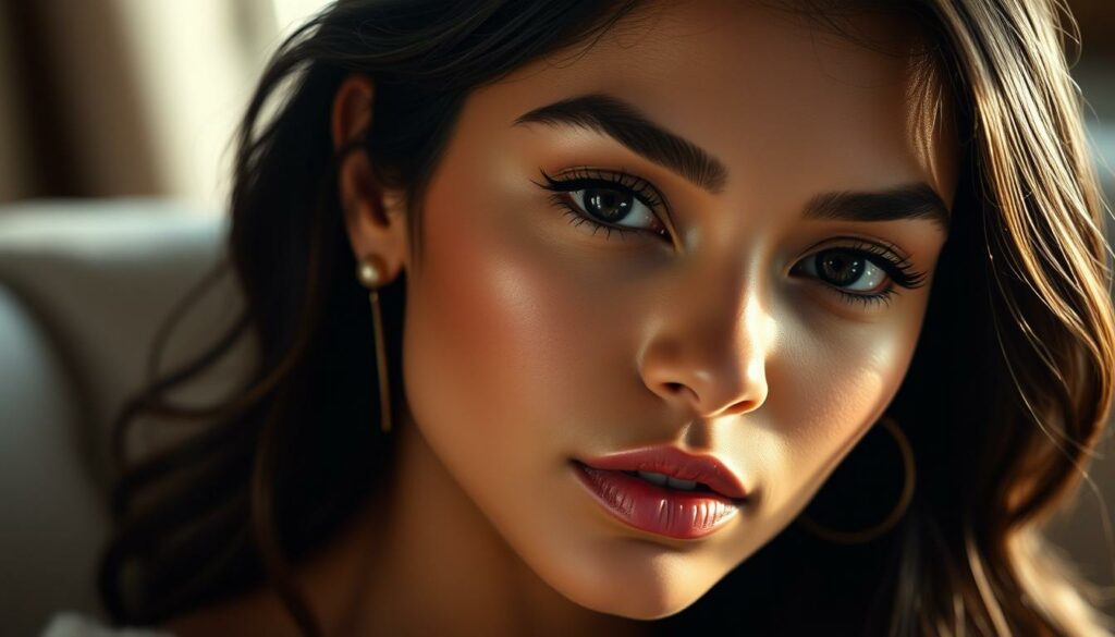 A glamorous close-up portrait of Vanessa Hudgens, her expressive features captured in soft natural lighting. Her makeup is flawless, accentuating her striking features. The background is subtly blurred, placing the focus on her face and upper body. The mood is one of elegance and allure, reflecting the private and intimate nature of her personal life. The camera angle is slightly angled upwards, adding a sense of confidence and poise. The overall aesthetic is polished and cinematic, inviting the viewer to glimpse into the private world of this celebrated actress.