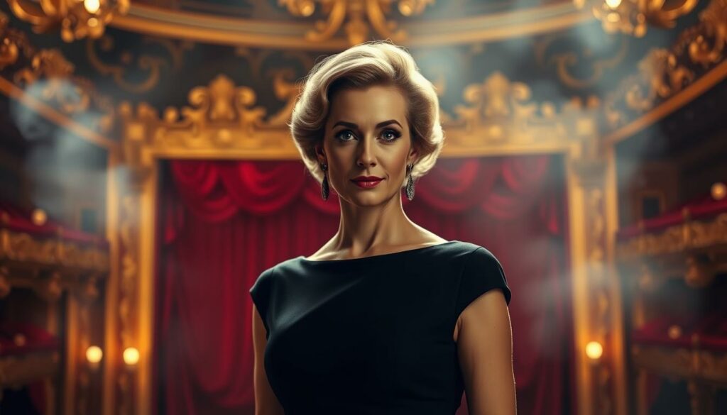 A glamorous portrait of Julia Koschitz, the acclaimed German actress, captured in a dramatic theatrical setting. The foreground features Koschitz in a elegant black dress, her expression conveying a sense of poise and confidence. Theatrical lighting casts dramatic shadows, highlighting the contours of her face. In the middle ground, a grand, ornate stage backdrop with rich crimson curtains and gilded accents suggests the opulence of the theater world she has mastered. The background blurs into a hazy, atmospheric setting, creating a sense of depth and mystery. The overall mood is one of sophistication, artistry, and the triumph of a successful theater career.