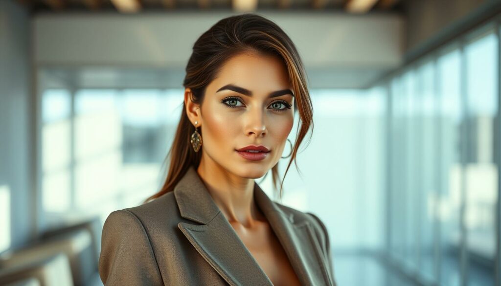A glamorous portrait of Nagore Aranburu, a successful Basque model and businesswoman. In the foreground, she stands confidently, her striking features highlighted by soft, natural lighting. She wears a chic, tailored outfit that accentuates her elegant poise. In the middle ground, a modern, minimalist backdrop suggests her sophisticated lifestyle and career accomplishments. The overall mood is one of polished professionalism and quiet confidence, reflecting Nagore's multifaceted talents and achievements.