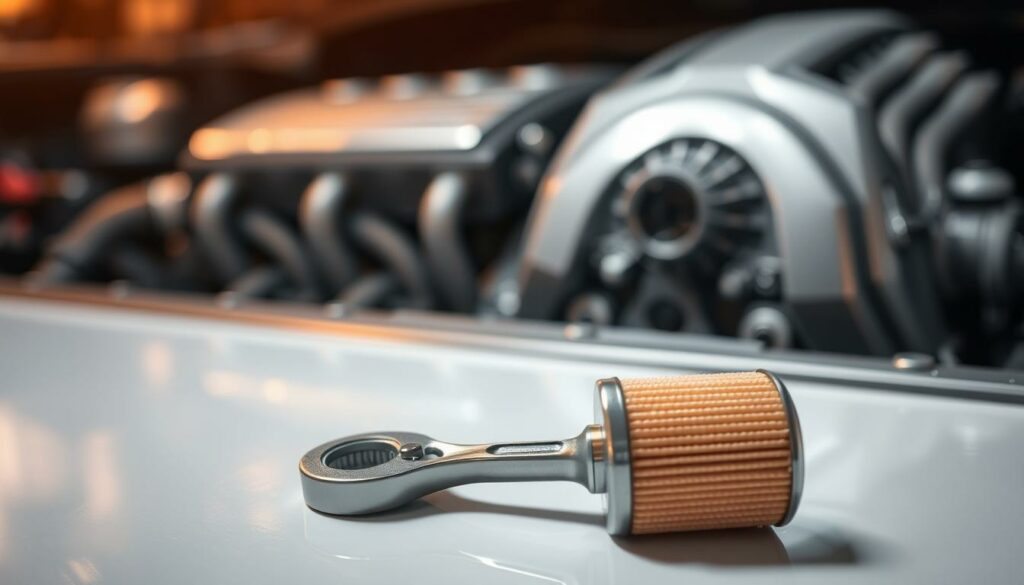 A gleaming car engine, its metallic parts bathed in warm, diffused lighting. In the foreground, a wrench and an oil filter sit on a clean, polished surface, hinting at the upcoming oil change. The background blurs softly, drawing the viewer's attention to the crucial task at hand. The scene exudes a sense of precision, care, and the importance of proper maintenance intervals for the longevity and performance of the vehicle. Subtle details, such as droplets of oil or a slight glow from the engine, add depth and realism to the image.
