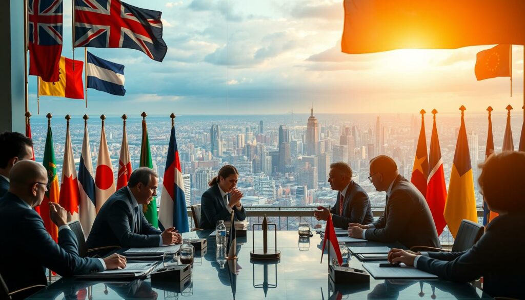 A global trading stage with diverse flags, economic symbols, and negotiations taking place. In the foreground, diplomats engage in intense discussions, gesturing animatedly. The middle ground features a backdrop of financial graphs, market data, and trade agreements. In the distance, a panoramic view of major world cities and economic hubs, bathed in a warm, authoritative lighting. An atmosphere of international cooperation and conflict resolution, captured through a cinematic, high-resolution lens.