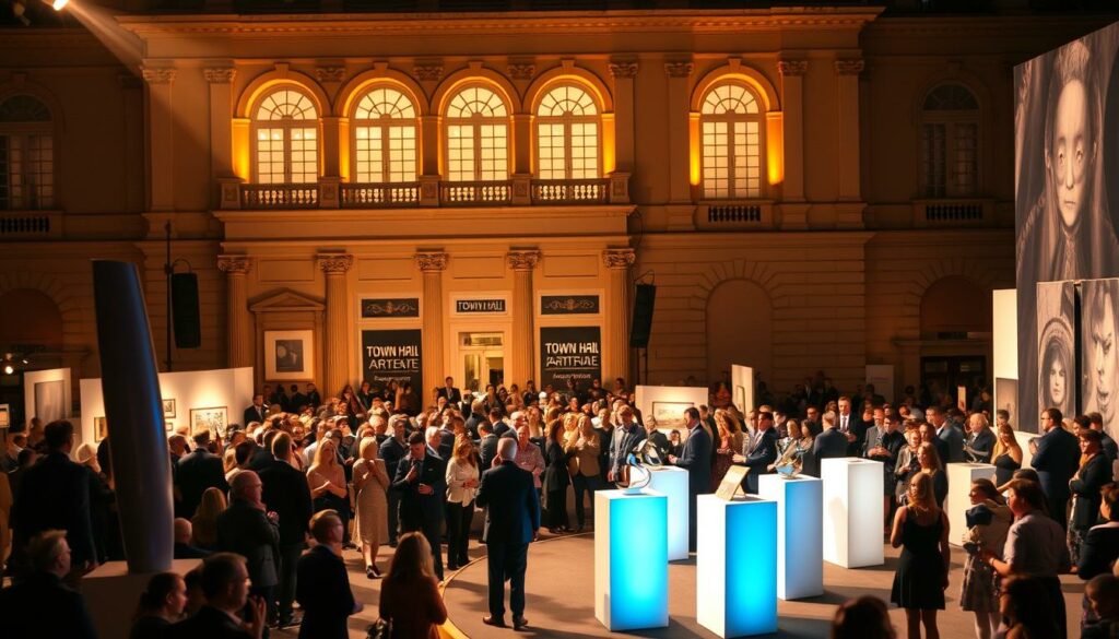 A grand art fair Town Hall awards ceremony, bathed in warm incandescent light. In the foreground, a stage adorned with sleek modern sculptures and podiums, where artists in formal attire receive their accolades. The middle ground bustles with a crowd of well-heeled patrons mingling, admiring the works on display. In the background, the stately Town Hall facade, its grand arched windows and columns casting dramatic shadows. An atmosphere of celebration, creativity, and cultural significance permeates the scene, capturing the pivotal moment of this prestigious art event.