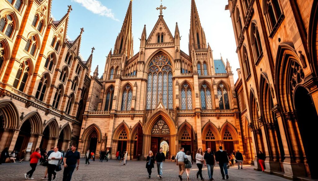 A grand cathedral stands tall, its Gothic spires reaching skyward, bathed in the golden glow of warm afternoon light. Visitors stroll along the cobblestone courtyard, marveling at the intricate stonework and ornate details that adorn the cathedral's facade. The air is filled with the murmur of hushed conversations and the gentle echoes of footsteps, inviting exploration. Through the massive oak doors, the interior is revealed - a vast, cavernous space adorned with stained glass windows that cast kaleidoscopic patterns on the stone floor. Sunlight streams in, illuminating the ornate columns and vaulted ceilings, creating a serene and contemplative atmosphere for those who come to experience the timeless beauty of this architectural masterpiece.