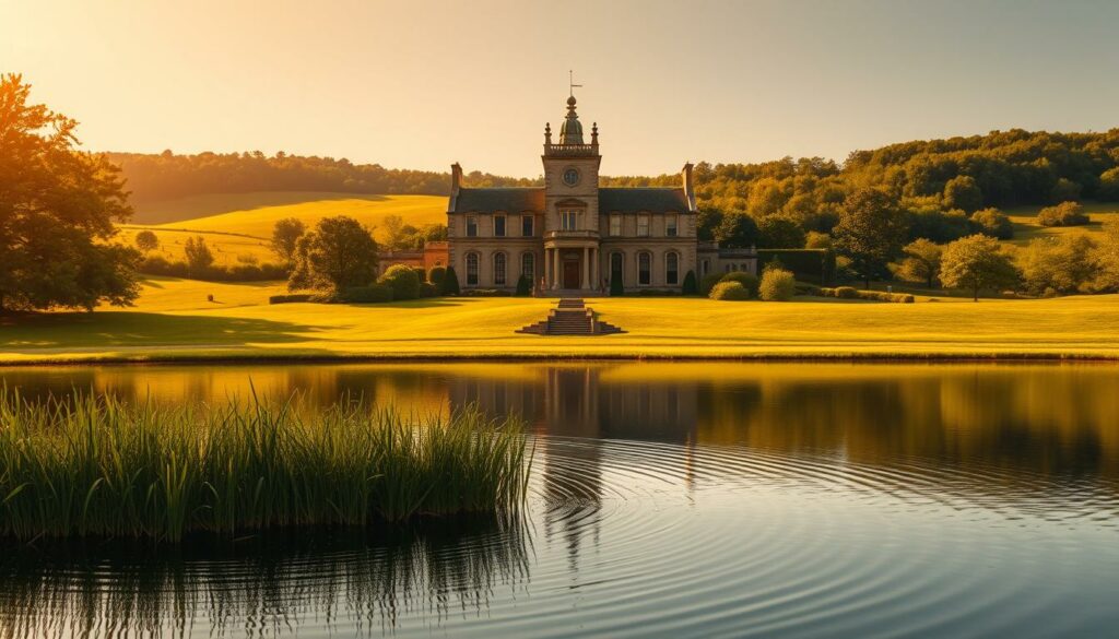 A grand manor house set against a lush green landscape, bathed in warm, golden sunlight. The stately building features intricate architectural details, with a prominent tower and ornate chimneys. In the foreground, a serene pond reflects the elegant structure, its surface rippling gently. Surrounding the manor, rolling hills dotted with verdant trees create a picturesque, dreamlike atmosphere. This is the Irish DreamTime production company, a place of creativity, imagination, and cinematic wonder.