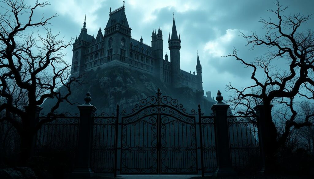 A grand, ominous Gothic-style castle perched atop a craggy, mist-shrouded hill, its spires and turrets silhouetted against a foreboding stormy sky. Twisted, gnarled trees dot the shadowy, overgrown grounds, their bare branches reaching up like bony fingers. In the foreground, the ornate wrought-iron gates of Nevermore Academy stand ajar, beckoning viewers to enter this supernatural realm of mystery and macabre. The scene is bathed in a moody, atmospheric lighting, creating a sense of foreboding and unease. The overall mood is one of dark enchantment, hinting at the supernatural wonders and horrors that await within the hallowed halls of this legendary institution.