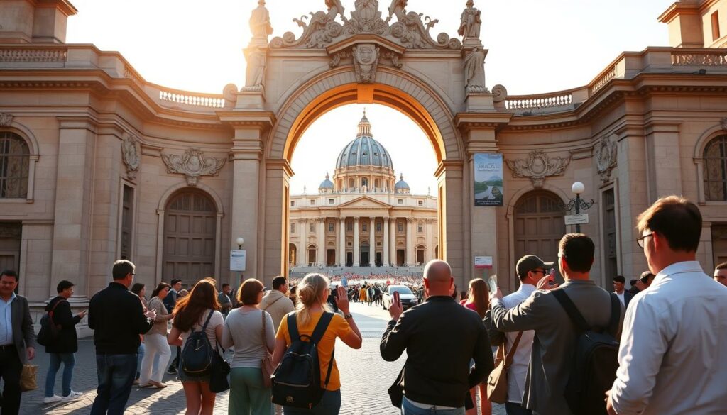 A grand, ornate stone archway stands as the entrance to the Vatican, bathed in warm, golden afternoon light. In the foreground, a group of people skip the long, winding queue, flashing special Vatican tickets that grant them priority access. The middle ground features the iconic St. Peter's Basilica, its towering dome and intricate facade rising majestically. The background showcases the grandeur of Vatican City, with its sprawling piazzas and Renaissance architecture. The overall scene conveys a sense of prestige, efficiency, and the privilege of avoiding the crowds to immerse oneself in the rich history and spiritual significance of this holy site.