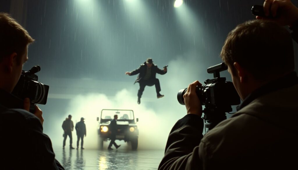 A gritty, moody behind-the-scenes look at the filming of "The Living Daylights", the 1987 James Bond thriller. In the foreground, a crew member operates a handheld camera, capturing the intense action on a dimly lit, rain-soaked set. In the middle ground, a stunt performer leaps from a vehicle, surrounded by a flurry of activity as the production team orchestrates the high-octane sequence. The background reveals the imposing silhouette of a large soundstage, the harsh lighting casting dramatic shadows that evoke the film's somber, brooding tone. The image conveys the technical complexity and high-stakes nature of bringing the iconic British spy to life on the silver screen.