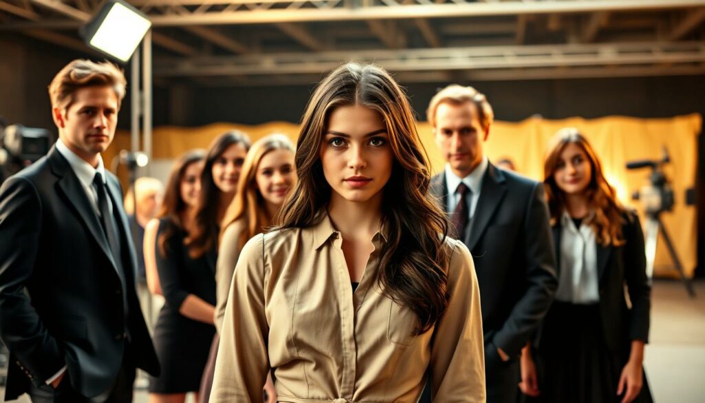 A group of Clint Eastwood's children, dressed in formal attire, gathered on a movie set. In the foreground, a young woman, likely one of Eastwood's daughters, stands confidently, her gaze directed towards the camera, exuding a natural charisma. Behind her, her siblings, both male and female, are positioned in various poses, some engaged in conversation, others observing the scene. The lighting is warm and cinematic, casting a soft glow on their faces, highlighting their youthful features and the family's connection. The background is blurred, but it's clear they are on a professional film set, with equipment and crew visible in the distance, hinting at their own budding careers in the entertainment industry. The overall atmosphere conveys a sense of pride, ambition, and the passing of the torch from one generation of Eastwood performers to the next.