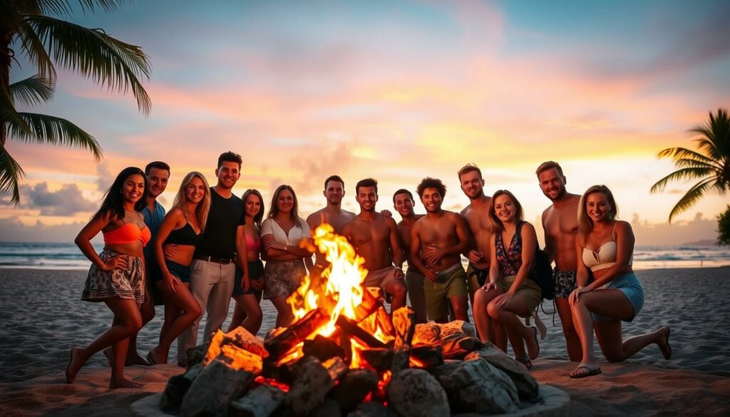 A group of attractive, diverse individuals posing casually around a crackling campfire on a secluded tropical beach at golden hour. In the foreground, the participants are dressed in summer attire, their expressions a mix of excitement and intrigue. The middle ground features the flickering flames, casting warm, dramatic lighting across their faces. In the background, lush palm trees sway gently in a light breeze, with a vibrant sunset sky serving as the backdrop. The scene exudes an air of anticipation and adventure, perfectly capturing the spirit of the 7th season of Temptation Island.