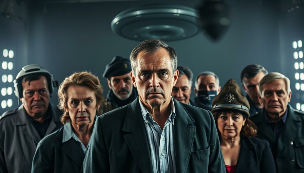 A group of diverse individuals gathered for a secretive UFO film production, their faces etched with intrigue and determination. In the foreground, a well-known actor stands tall, flanked by a mysterious scientist and a military officer, their expressions hinting at the conspiracy that lies ahead. In the middle ground, a mix of characters - a journalist, a technician, and a government official - huddle together, their body language suggesting a shared purpose. The background is shrouded in a moody, atmospheric lighting, casting shadows that evoke a sense of the unknown. The overall scene exudes an air of suspense and intrigue, capturing the essence of the "Besetzung UFO-Film" and the larger narrative of the article.