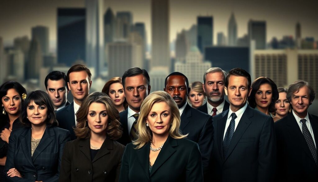 A group of iconic recurring characters from the long-running crime drama series "Law & Order: Special Victims Unit". The foreground features a diverse ensemble of memorable guest stars and supporting players, each with a distinctive look and persona. The middle ground showcases the precinct's detectives, prosecutors, and other key personnel, captured in a stylized, cinematic lighting. In the background, a blurred cityscape of New York City sets the urban backdrop, reflecting the gritty and compelling nature of the show. The overall atmosphere evokes a sense of drama, intrigue, and the enduring legacy of these beloved "SVU" figures.