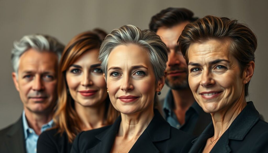 A group of well-known public figures, their faces illuminated by soft, directional lighting, stand confidently against a subtly blurred background. Their hair, meticulously styled, hints at the results of discreet hair transplant procedures. The scene conveys a sense of pride and self-assurance, as these prominent individuals embrace their transformed appearances and serve as inspirational role models for those considering similar cosmetic enhancements. The composition is balanced, with the subjects positioned in a visually appealing manner that highlights their refined, rejuvenated looks.
