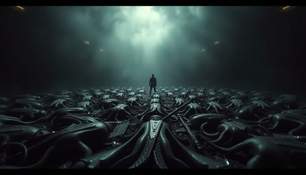 A harrowing scene unfolds in the Squid Game finale, captured through a cinematic wide-angle lens. In the foreground, a lone figure stands amidst a sea of lifeless bodies, their expression a haunting mix of victory and anguish. The middle ground reveals the aftermath of the brutal competition, with shattered glass and discarded weapons scattered across the arena. The background is shrouded in a hazy, ominous atmosphere, casting an eerie glow over the entire tableau. Dramatic chiaroscuro lighting accentuates the stark contrasts, heightening the sense of tension and moral ambiguity. This visually striking image invites the viewer to ponder the ethical complexities at the heart of the Squid Game's shocking conclusion.
