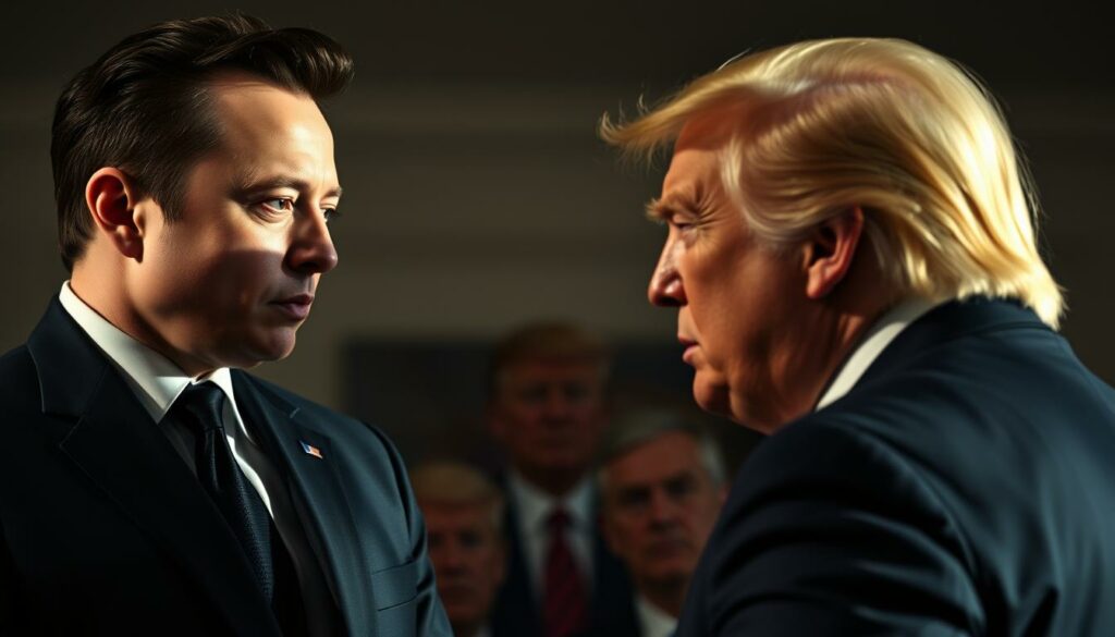 A heated argument between Elon Musk and Donald Trump, shot in a dramatic, cinematic style. The two titans of industry and politics stand face to face, their expressions tense and confrontational. Musk, in a tailored suit, appears exasperated, while Trump, with his characteristic coiffure, looks defiant. The scene is bathed in dramatic lighting, casting strong shadows and highlights that accentuate the intensity of the moment. The background is blurred, placing the focus solely on the two men and the palpable tension between them. The overall mood is one of high-stakes conflict, with an undercurrent of political and personal rivalry.