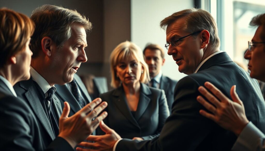 A heated debate unfolds within the SPD party, capturing the tensions over security policy. In the foreground, a group of politicians gesticulate passionately, engaged in a tense discussion. Subtle expressions of disagreement and conflict are etched on their faces, illuminated by warm, natural lighting. In the middle ground, other party members observe the scene, their postures and expressions reflecting the weight of the debate. The background is softly blurred, conveying a sense of the broader party context, with shadows and muted tones hinting at the complexity of the situation. The overall atmosphere is one of an internal struggle, a microcosm of the larger Russo-German tensions playing out within the SPD.