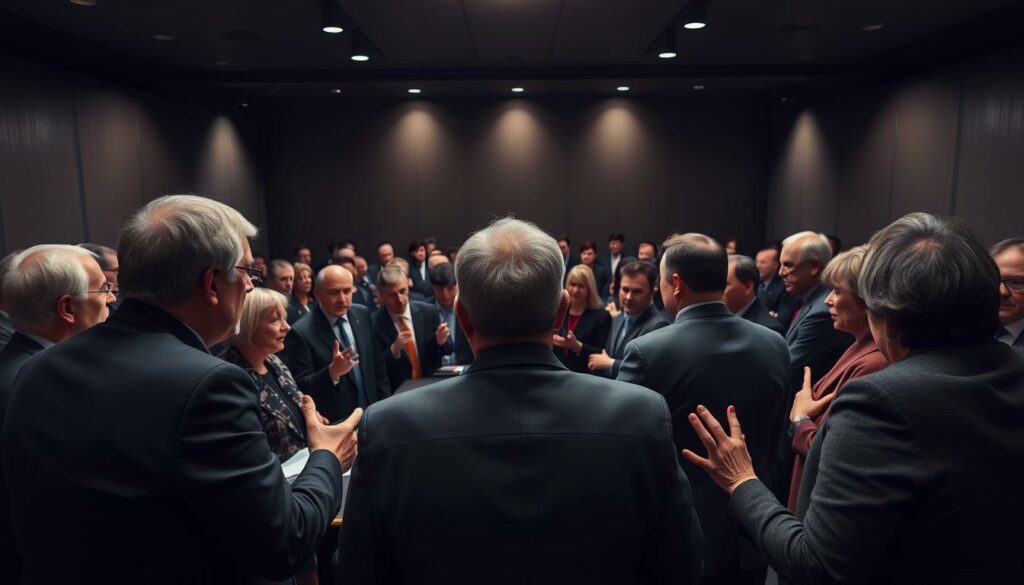 A heated debate within the SPD party, with members passionately expressing diverse views on foreign policy. In the foreground, a group of politicians engaged in a lively discussion, their body language and gestures conveying the intensity of the moment. The middle ground features a larger gathering of party officials, some nodding in agreement, others shaking their heads, reflecting the divide within the party. The background is a dimly lit conference room, the mood somber and pensive, hinting at the gravity of the situation. Dramatic lighting casts sharp shadows, heightening the sense of tension and drama. The scene is captured through a wide-angle lens, emphasizing the scale of the internal debate and the weight of the decision-making process.