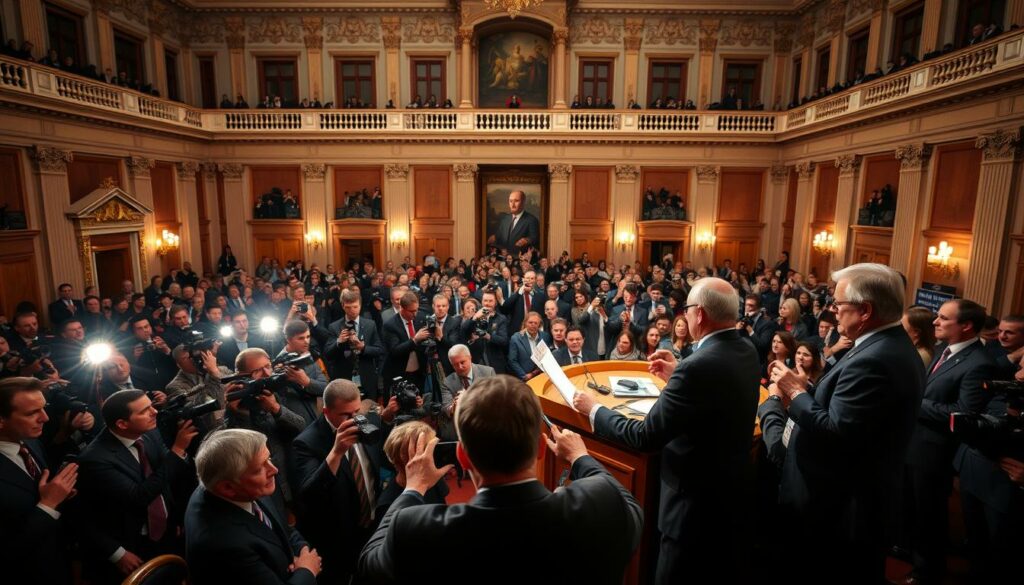 A heated political debate unfolds in the Austrian parliament, with lawmakers passionately discussing the contentious issue of gun control legislation. In the foreground, a group of politicians stand at a podium, their faces etched with intensity as they engage in a lively exchange. The middle ground is filled with a sea of reporters and spectators, their cameras flashing as they capture the moment. In the background, the ornate architecture of the parliament building provides a stately backdrop, adding a sense of gravitas to the scene. Soft, warm lighting illuminates the space, creating a sense of drama and urgency. The overall atmosphere is one of charged political discourse, as the nation grapples with the complex and emotive topic of gun laws.