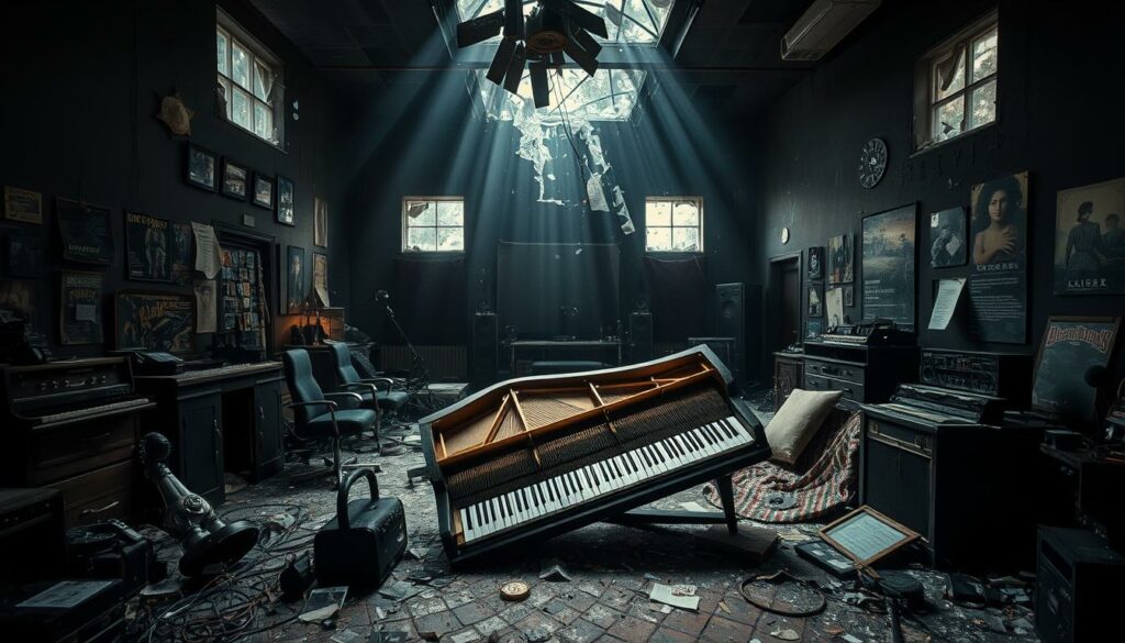 A heavily damaged and cluttered recording studio, with shattered windows, overturned furniture, and music equipment strewn across the floor. The dimly lit space has a somber, almost apocalyptic atmosphere, with shafts of light streaming through the broken windows. The walls are adorned with posters and memorabilia, hinting at the creative energy that once filled the room. In the center, a grand piano lies on its side, its keys exposed and keys broken, symbolizing the disruption and chaos that has befallen this once vibrant workspace. The overall scene conveys a sense of devastation and the aftermath of a tumultuous event, evoking the challenges and tensions alluded to in the article's subject.