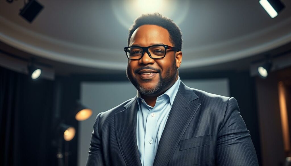 A high-angle shot of Tyler Perry, the renowned actor, filmmaker, and entrepreneur, standing confidently in a well-lit studio. He is dressed impeccably in a tailored suit, exuding an aura of success and power. In the background, a sleek, modern set with subtle lighting reflects the sophisticated nature of his self-produced work. The image conveys a sense of entrepreneurial triumph, highlighting how Perry's unwavering dedication to his craft and his ability to control the creative process have propelled him to the pinnacle of the entertainment industry.
