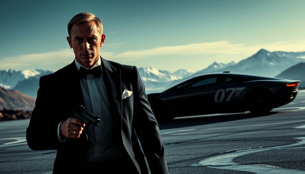 A high-contrast, cinematic image of James Bond 007 in action. In the foreground, a well-dressed Bond strides purposefully, his tuxedo crisp and his Walther PPK ready. Dramatic lighting casts sharp shadows, evoking the tension of a covert mission. The middle ground features the sleek, futuristic silhouette of a high-tech vehicle, hinting at the advanced gadgetry and exotic locales that await. In the background, a stunning vista of snow-capped mountains and icy fjords stretches out, conveying the global scale of Bond's dangerous escapades. The overall composition and moody palette suggest the thrilling "Handlung" of Bond's adventures, from the bustling streets of Korea to the icy wilderness of Iceland.