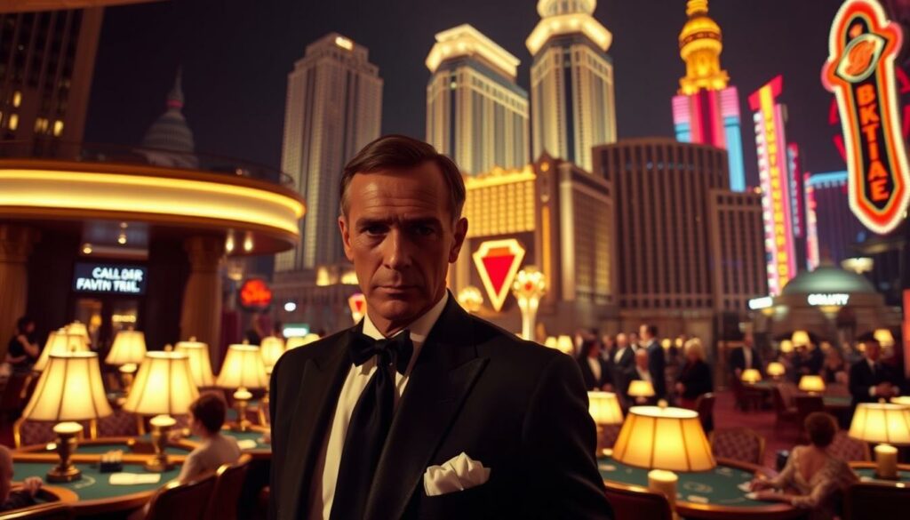 A high-contrast, cinematic image of a pivotal scene from the James Bond film "Diamonds Are Forever". In the foreground, a suave Sean Connery as Bond navigates a luxurious Las Vegas casino, exuding confidence and charm. The middle ground features glamorous casino patrons and dealers, their faces illuminated by the warm glow of table lamps. In the background, towering skyscrapers and neon signs evoke the dazzling Sin City setting. The lighting is dramatic, with deep shadows and highlights accentuating the mood of intrigue and suspense. The composition is dynamic, with a wide angle lens capturing the grandeur of the casino environment. Overall, the image captures the essence of the film's thrilling plot and Connery's iconic portrayal of the legendary 007.