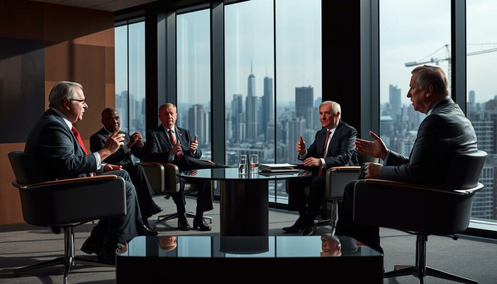 A high-contrast, cinematic image of a spirited political debate on the national stage. A panel of experts and commentators, their expressions intense, engaged in a lively discussion and gesticulating animatedly. The setting is a modernist conference room, with sleek furniture and floor-to-ceiling windows offering a panoramic view of a bustling cityscape in the background. Dramatic chiaroscuro lighting casts dramatic shadows, creating an atmosphere of intellectual rigor and charged political discourse. The composition is balanced and dynamic, drawing the viewer into the heated exchange unfolding before them.