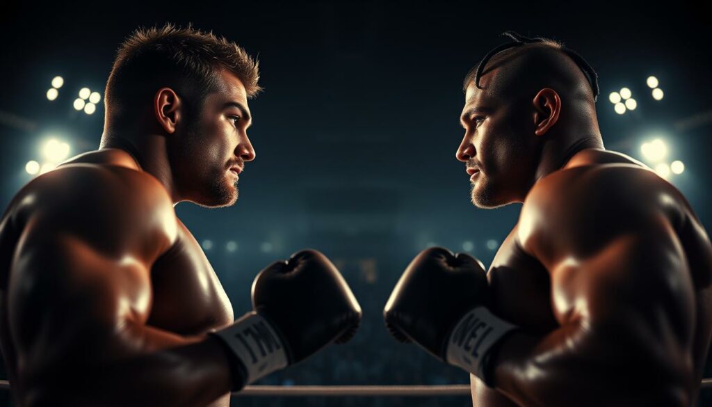 A high-contrast, cinematic portrait of boxing legends Jake Paul and "Boxlegende" facing off in the ring. The foreground captures the intensity of their expressions, muscles taut, eyes locked in fierce determination. Dramatic backlighting silhouettes their powerful frames, while the middle ground reveals a dimly lit arena, the audience a blur of shadowy figures. The background is shrouded in moody darkness, the whole scene exuding a palpable sense of nostalgia and the high stakes of their historic encounter.