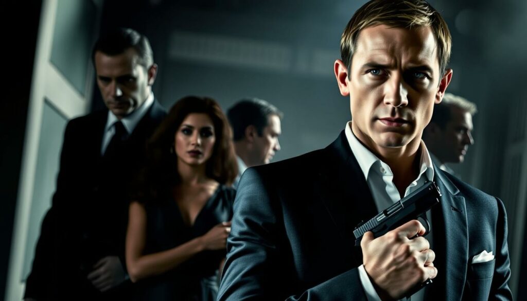 A high-contrast, cinematic shot of the key characters from the James Bond film "Quantum of Solace." In the foreground, James Bond, played by Daniel Craig, stands with a steely gaze, his signature Walther PPK in hand. Behind him, the enigmatic Dominic Greene, the film's primary antagonist, portrayed with an unsettling intensity. In the middle ground, Camille Montes, a fierce Bolivian agent, and Mathis, Bond's old friend and ally, are engaged in a tense exchange. The background is shrouded in shadows, hinting at the covert, high-stakes world of international espionage. Dramatic lighting accentuates the chiaroscuro effect, creating a moody, suspenseful atmosphere befitting the continuation of the Bond saga.