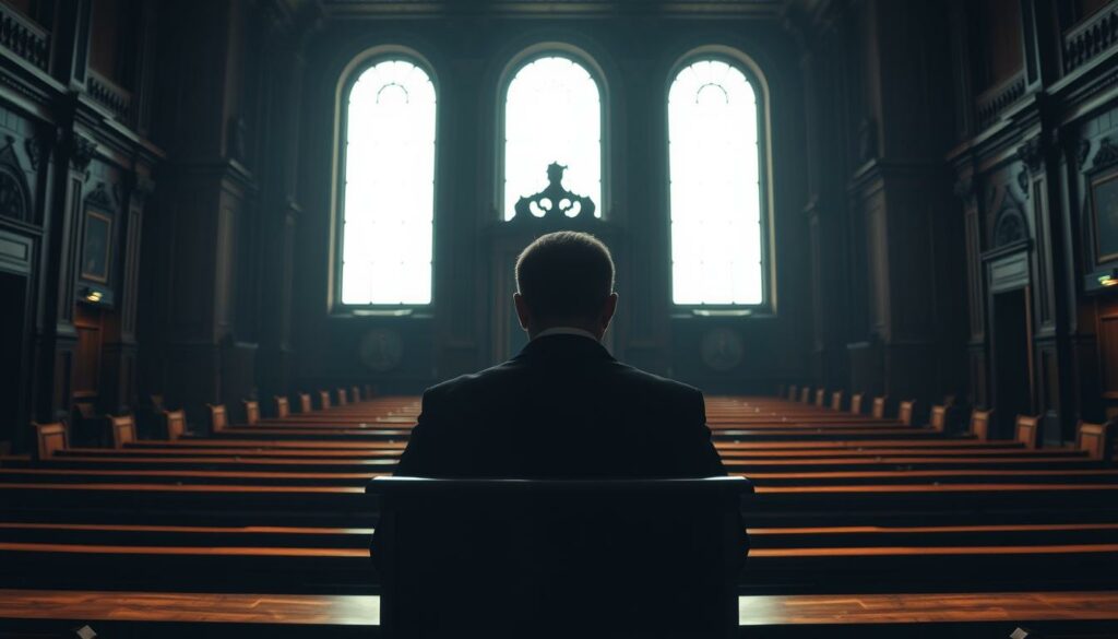 A high-contrast courtroom interior, illuminated by dramatic chiaroscuro lighting. In the foreground, an imposing wooden bench where a judge sits, their face obscured in shadow. Rows of oak benches fill the middle ground, evoking a tense and formal atmosphere. The background features towering windows, casting a soft, diffused light that accentuates the ornate architectural details. An air of authority and solemn deliberation pervades the scene, setting the stage for a pivotal legal verdict.