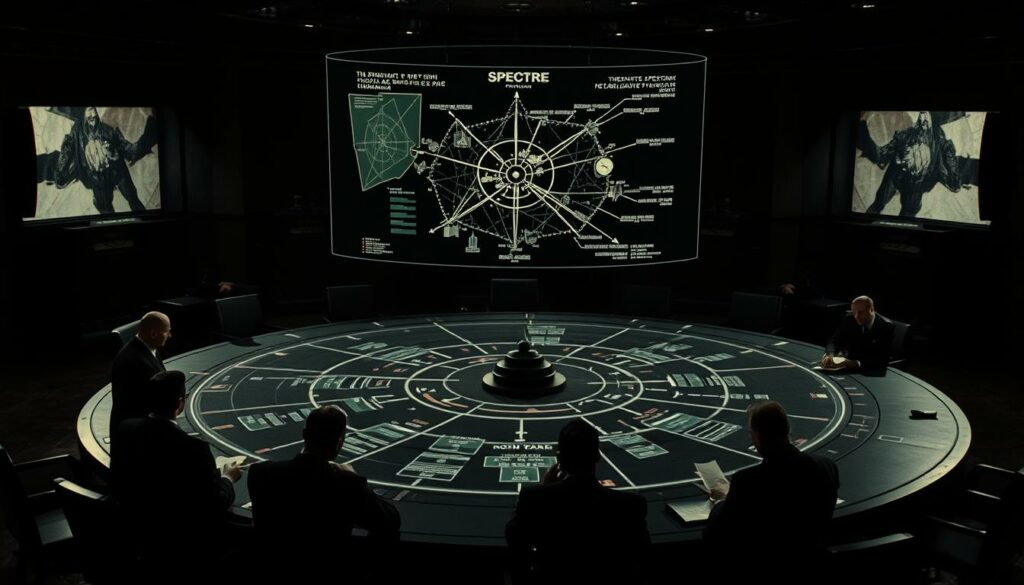 A high-contrast, high-resolution image depicting the SPECTRE plan from the 1963 James Bond film "From Russia with Love". The scene is set in a dimly lit, atmospheric war room, with a large circular table surrounded by shadowy figures in dark suits. A holographic projection hovers above the table, displaying a detailed schematic of a complex plan, marked with strategic locations and military movements. The lighting is dramatic, casting deep shadows and highlights to create a tense, ominous mood, reflecting the Cold War tensions of the film's setting. The composition emphasizes the secretive, clandestine nature of the SPECTRE organization's machinations, capturing the essence of the "deadly game" unfolding in the film.